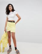 Prettylittlething Frayed Edge Denim Mini Skirt - Yellow