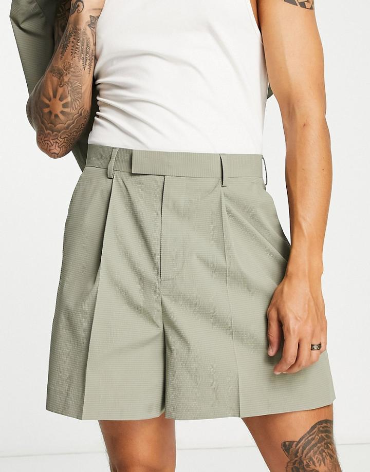 Asos Design Wide Leg Shorts In Micro Seersucker In Sage Green