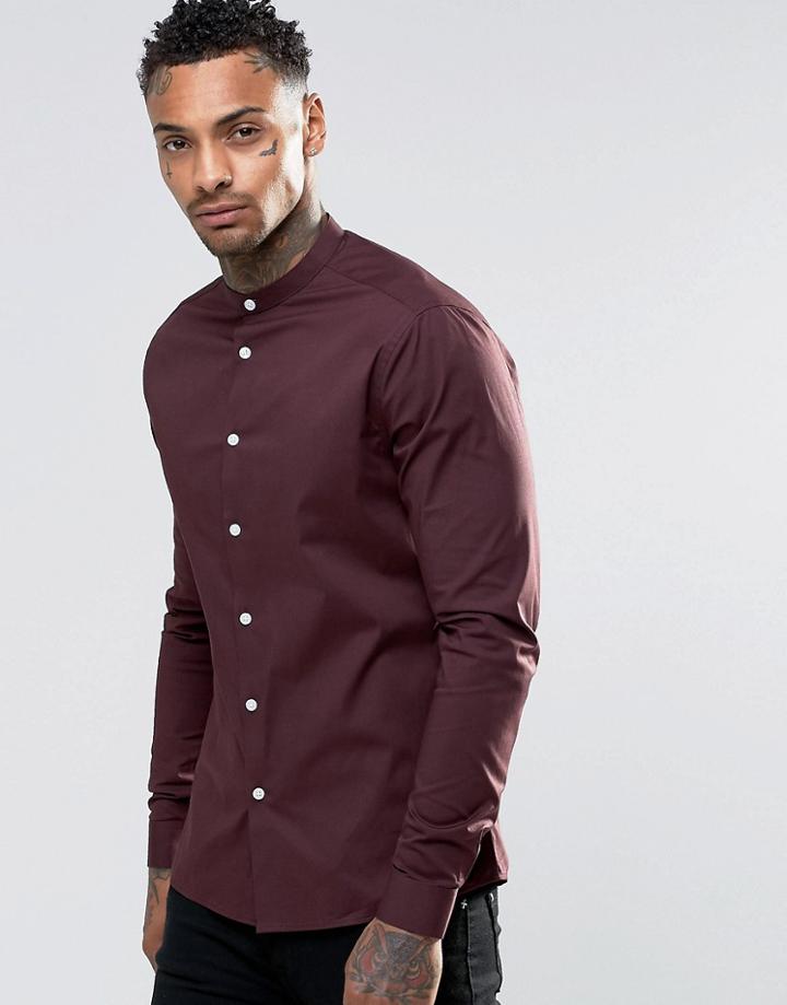 Asos Skinny Shirt In Brown With Grandad Collar - Brown