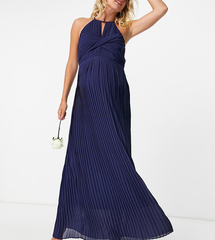 Tfnc Maternity Bridesmaid Pleated Wrap Detail Maxi Dress In Navy