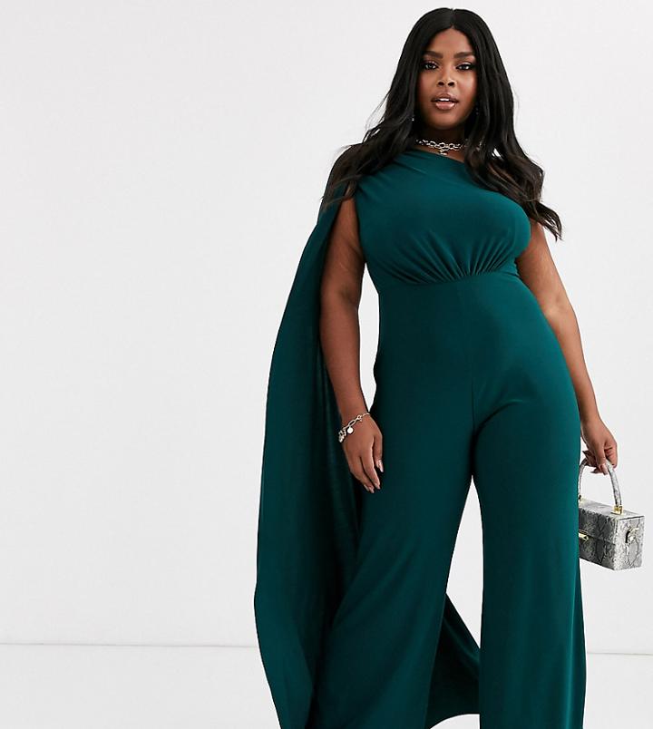Club L London Plus One Shoulder Drape Detail Jumpsuit In Teal