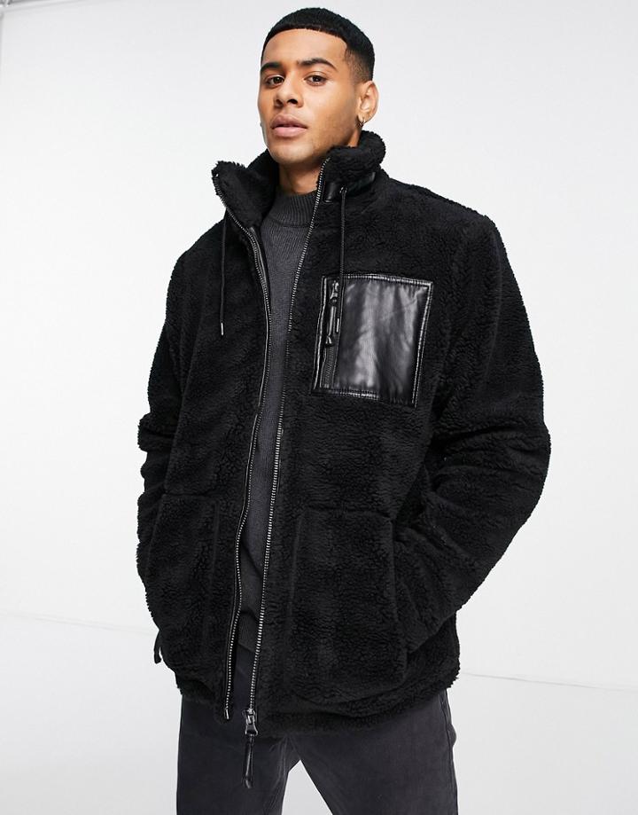 River Island Sherpa Funnel Unlined Jacket In Black