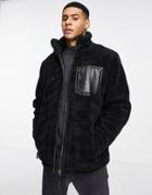 River Island Sherpa Funnel Unlined Jacket In Black