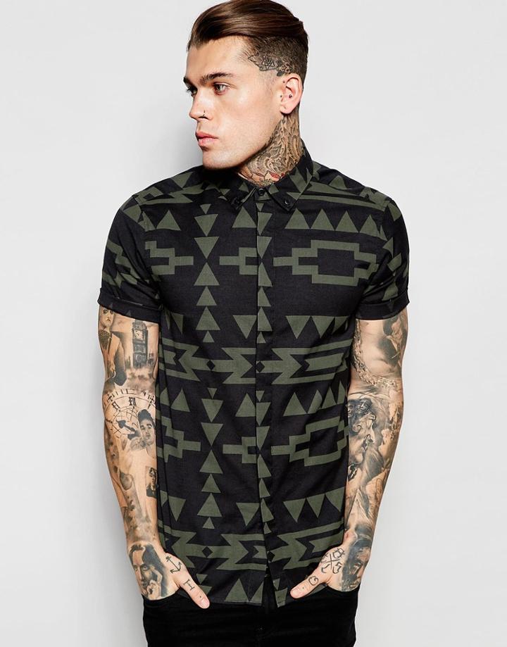 Asos Shirt With Aztec Print In Regular Fit - Khaki