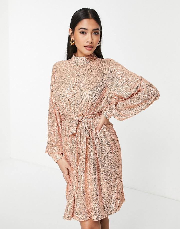 Pretty Lavish Sequin Balloon Sleeve Mini Dress In Rose Gold