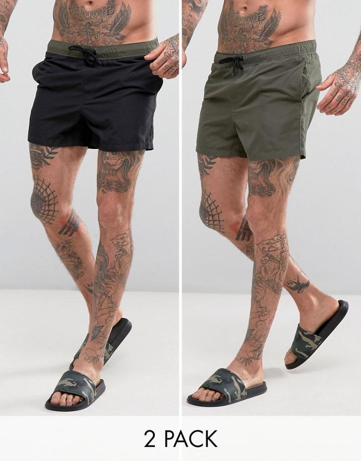 Asos Swim Shorts 2 Pack In Khaki & Black In Short Length Save - Multi