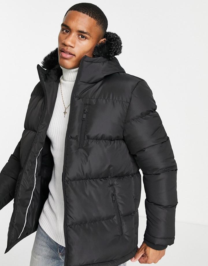 Brave Soul Padded Parka Jacket With Faux Fur Hood In Black