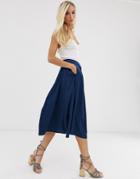 Asos Design Floaty Midi Skirt With Button Front-navy