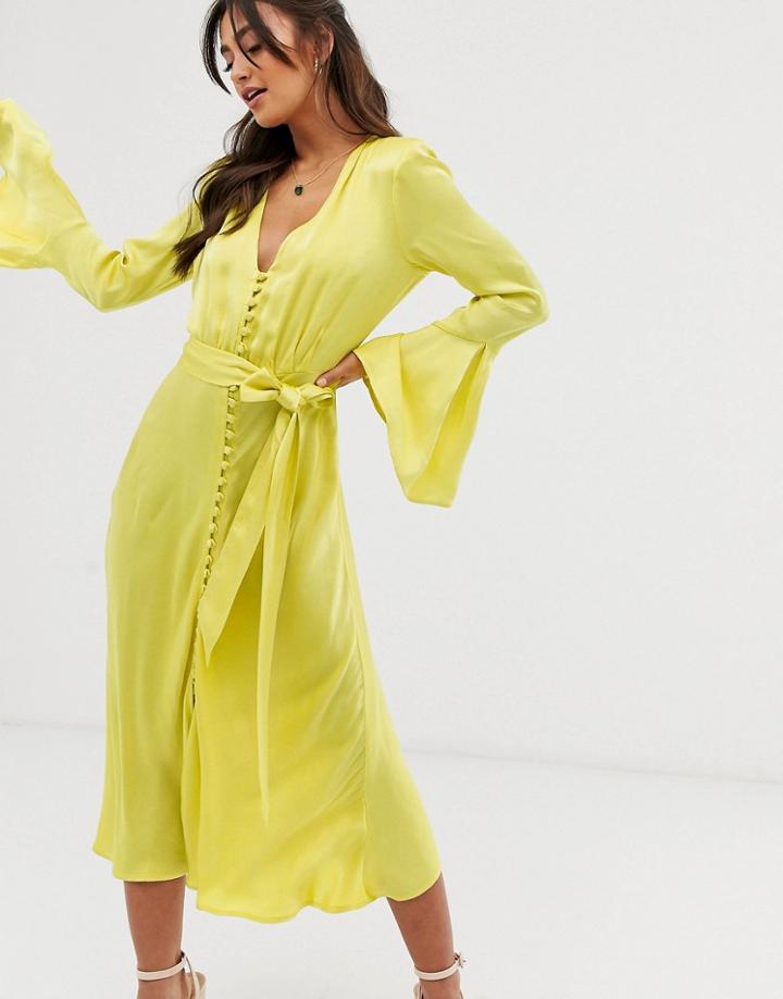 Ghost Annabelle Satin Button Front Midi Dress-green