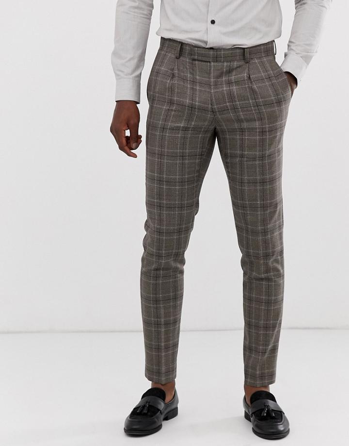 Moss London Skinny Suit Pants In Brown Check - Brown