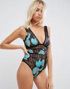Asos Crochet Trim Tropical Palm Leaf Print Swimsuit - Multi