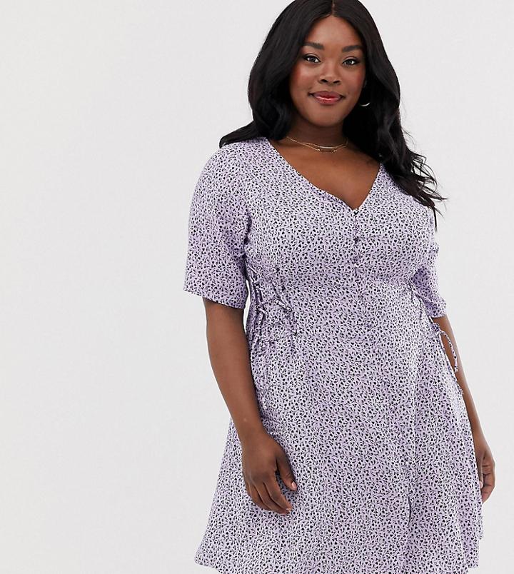 New Look Curve Lattice Ditsy Floral Print Tea Dress In Purple - Purple