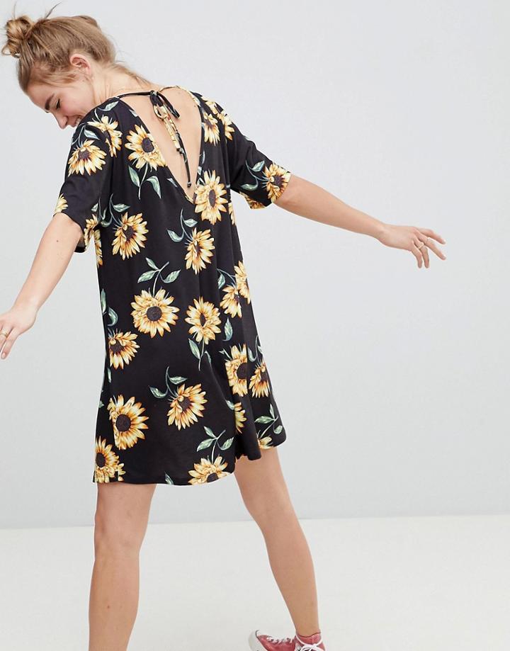 Asos Design Sunflower Print V Neck Swing Dress - Multi