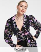 Reclaimed Vintage Long Sleeve Wrap Around Blouse With Lace Collar In Black Floral Print-multi