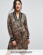 Asos Maternity Satin V Neck Shift Dress With Jersey Ribbing In Floral Print - Multi
