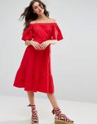 Asos Midi Dress With Off Shoulder And Self Tie - Red