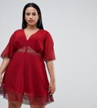 Asos Design Curve Mini Tea Dress With Lace Inserts And Button Front Detail - Red