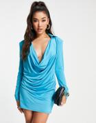 Asos Design Extreme Cowl Front Mini Dress In Aqua-blues