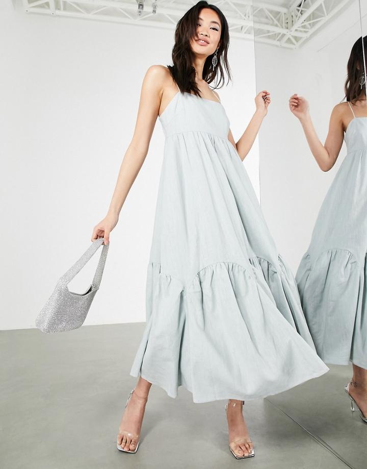 Asos Edition Linen Tiered Cami Dress With Scallop Hem In Ice Blue-blues