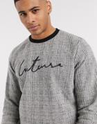 Jack & Jones Premium Crew Neck Check Textured Script Logo Sweat In Gray