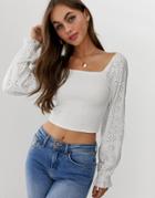 Asos Design Shirred Top With Square Neck And Broderie Sleeve - White