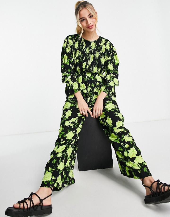 Asos Design Shirred Smock Jumpsuit In Neon Green Floral-multi