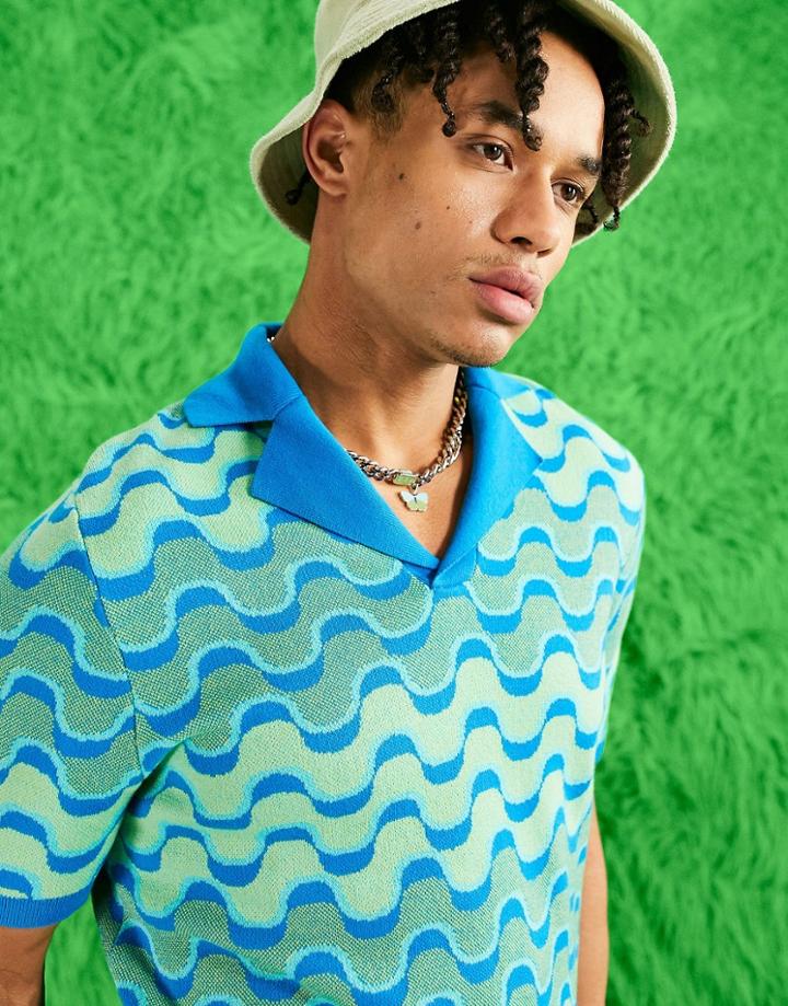 Asos Design Knit Camp Collar Polo In Swirl Design In Blue - Part Of A Set