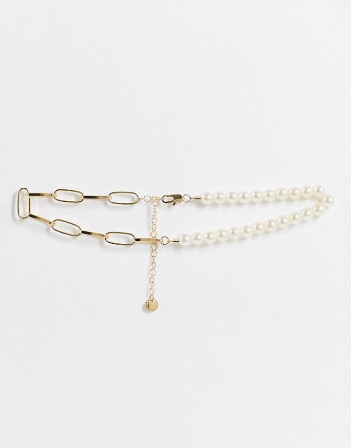 French Connection Pearl And Chain Necklace In Gold Mix