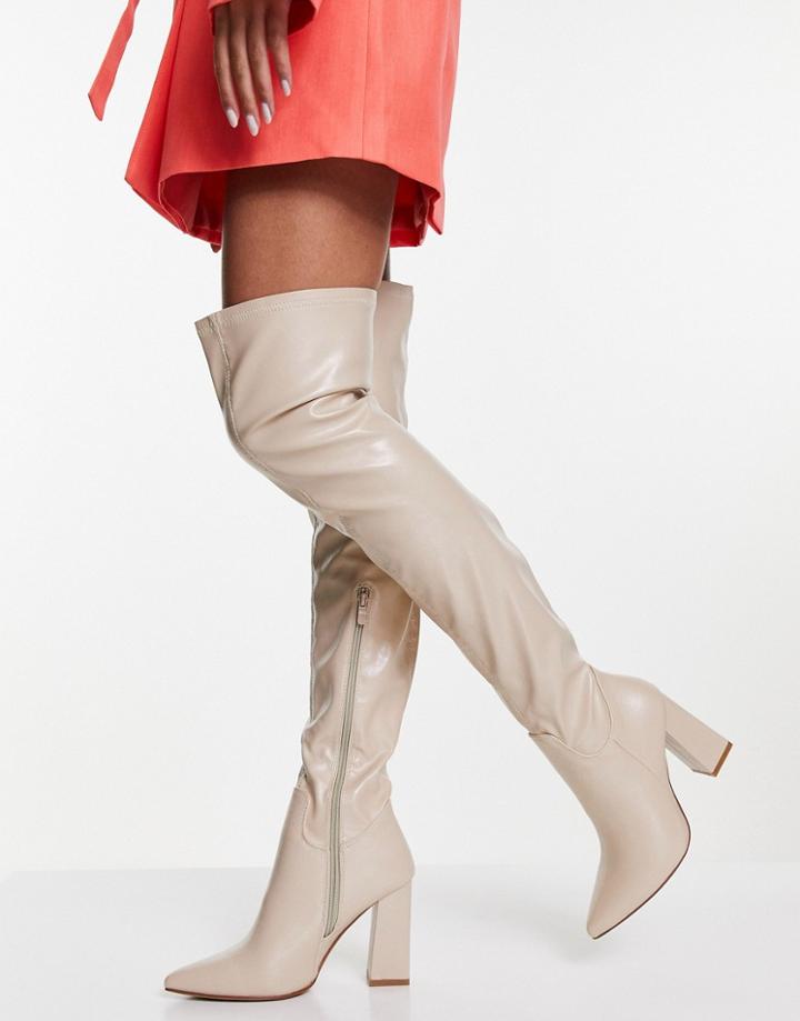 Truffle Collection Thigh High Heeled Boots In Cream-white