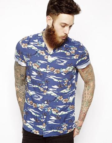 Asos Hawaiian Shirt In Short Sleeve With Palmtree Print