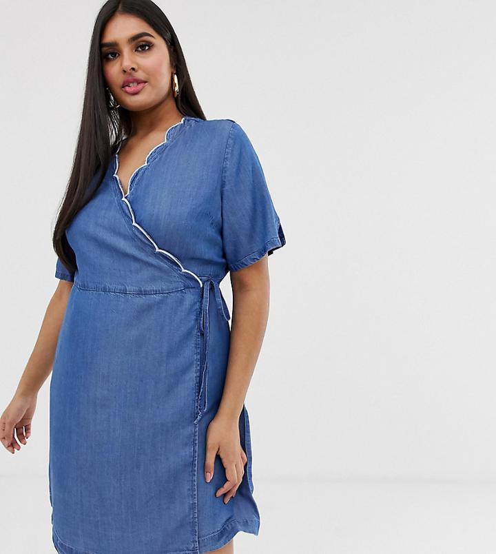 Simply Be Wrap Denim Dress With Scallop Trim In Blue