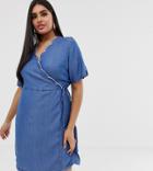 Simply Be Wrap Denim Dress With Scallop Trim In Blue