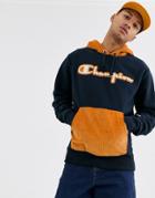 Champion Reverse Weave Hoodie With Corduroy Hood And Pocket In Navy