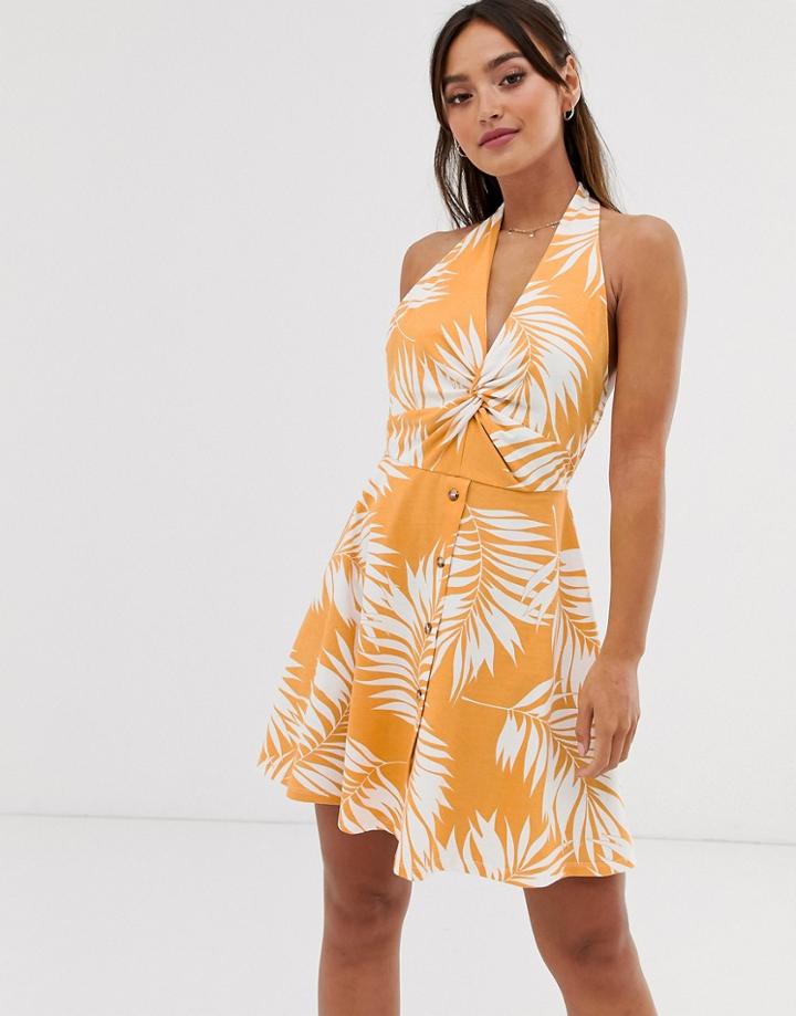 Asos Design Halterneck Mini Sundress In Palm Print-multi