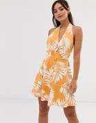 Asos Design Halterneck Mini Sundress In Palm Print-multi