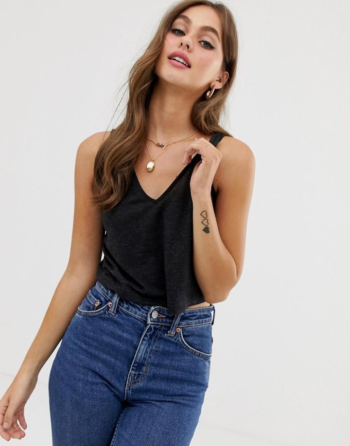 Asos Design Crop Tank In Linen Mix In Black - Black