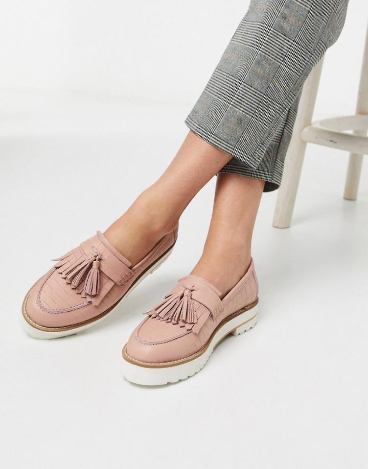 Asos Design Meze Chunky Fringed Leather Loafers In Pink Croc
