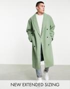 Asos Design Oversized Longline Wool Mix Overcoat In Sage Green
