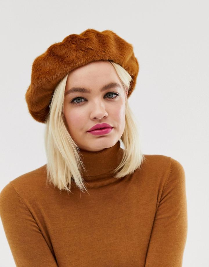 Asos Design Faux Fur Beret With Bound Edge In Tan