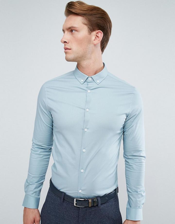 Asos Skinny Shirt In Slate With Button Down Collar - Blue