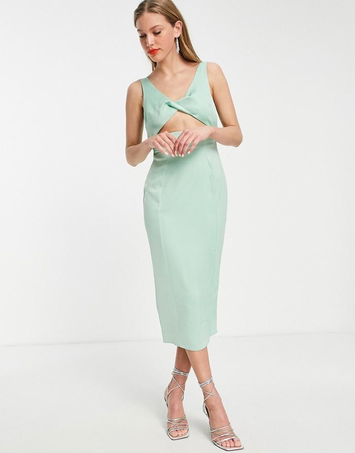 Asos Design Twist Front Keyhole Midi Dress In Green