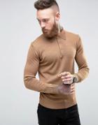 Farah Knitted Polo Shirt In Merino Wool Slim Fit Camel - Tan