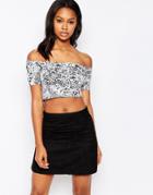 Motel Dana Off Shoulder Crop Top In Lace Print - Black And White