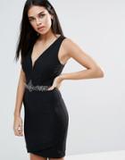 Little Mistress Plunge Bodycon Dress With Jewel Waist - Black