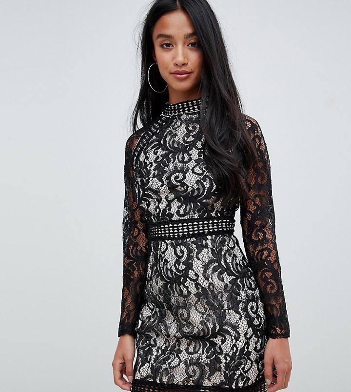 Parisian Petite Long Sleeve Lace Dress-black