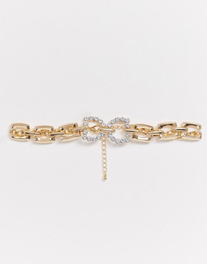 Asos Design Necklace With Crystal Link Pendant And Glam Chain In Gold Tone - Gold