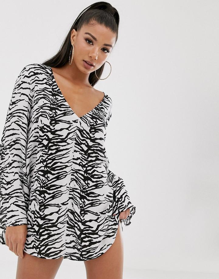 Asos Design Beach Cover Up With Neon Orange Lattice Back In Mono Zebra Print - Multi
