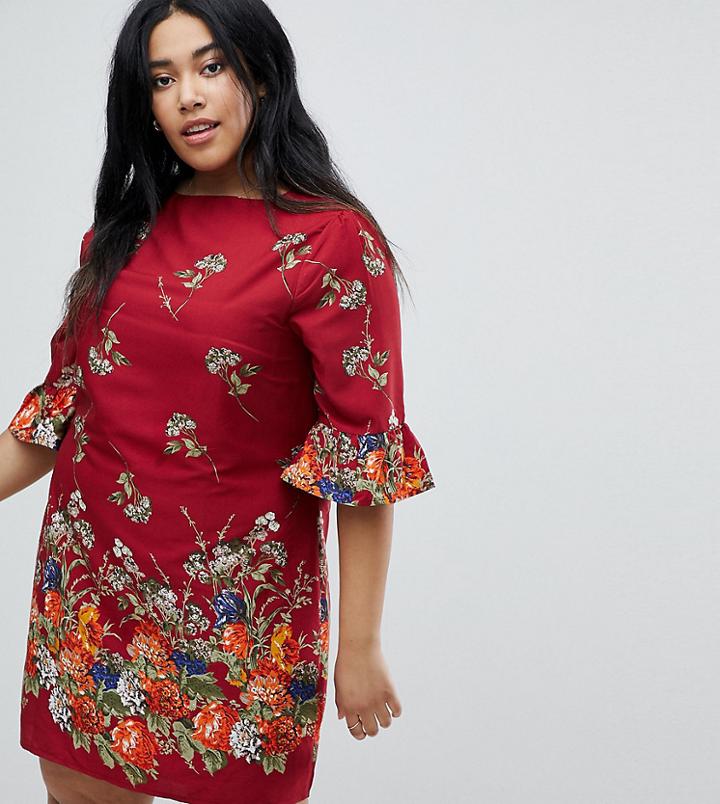 Yumi Plus Frill Sleeve Shift Dress In Floral Border Print - Red