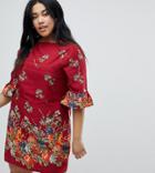 Yumi Plus Frill Sleeve Shift Dress In Floral Border Print - Red