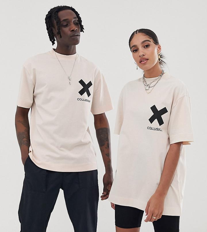 Collusion Unisex Logo T-shirt In Off-white - White